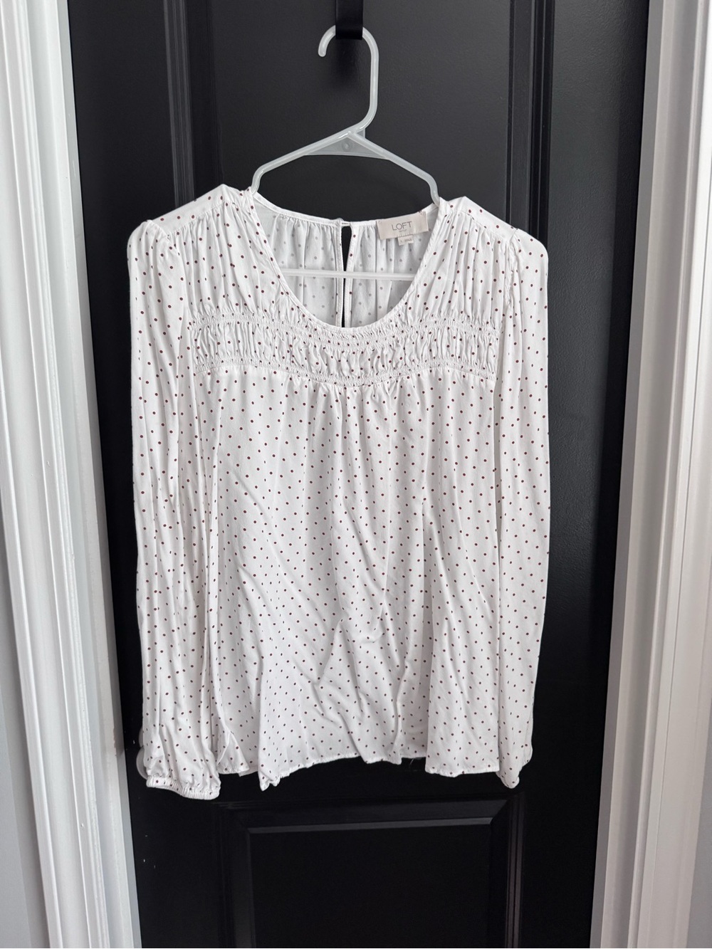 LOFT White Long-Sleeve Blouse with Tiny Black Dot Print